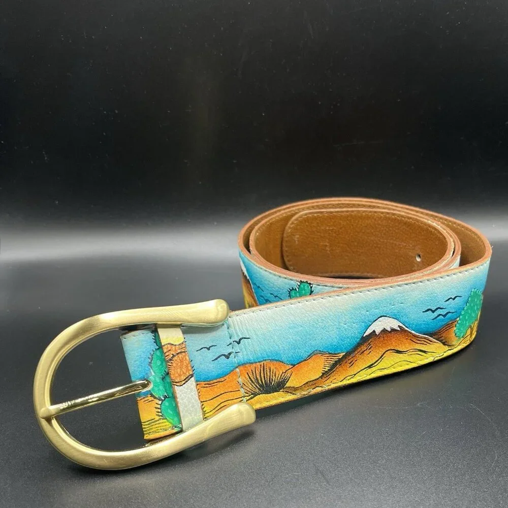 VTG 90s Hand Painted Leather Belt Southwestern Desert Horse Cowgirl L/XL Western